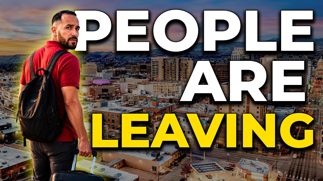 Man standing over a city skyline with bold text “PEOPLE ARE LEAVING” in white and yellow.