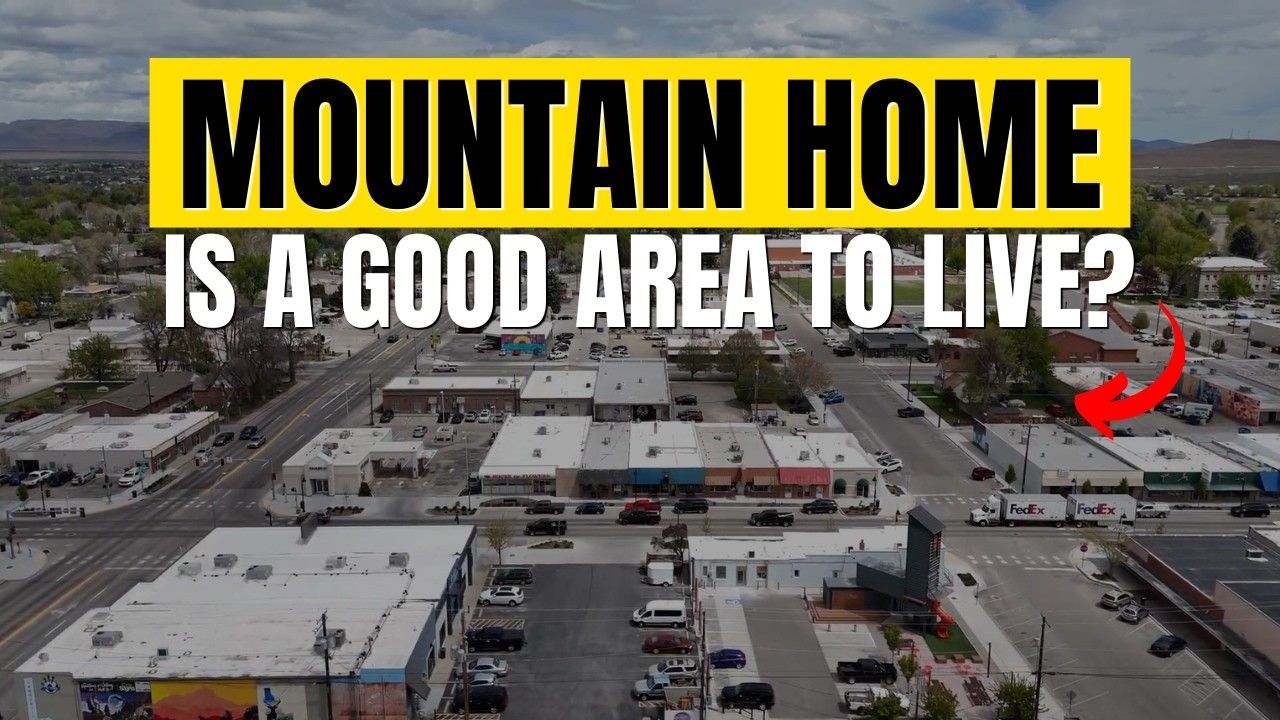 Aerial view of a town street with a yellow banner overlay asking, 