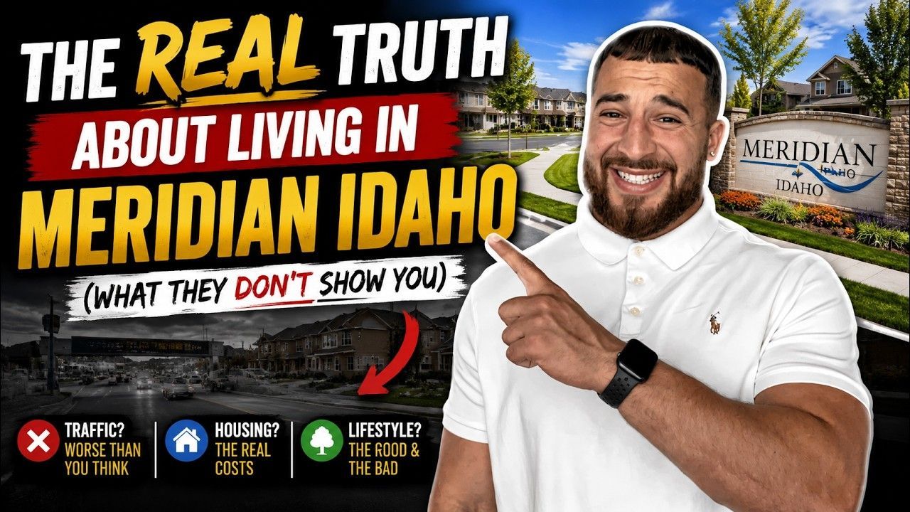 Man pointing at text: “The real truth about living in Meridian Idaho,” with Meridian Idaho skyline background.