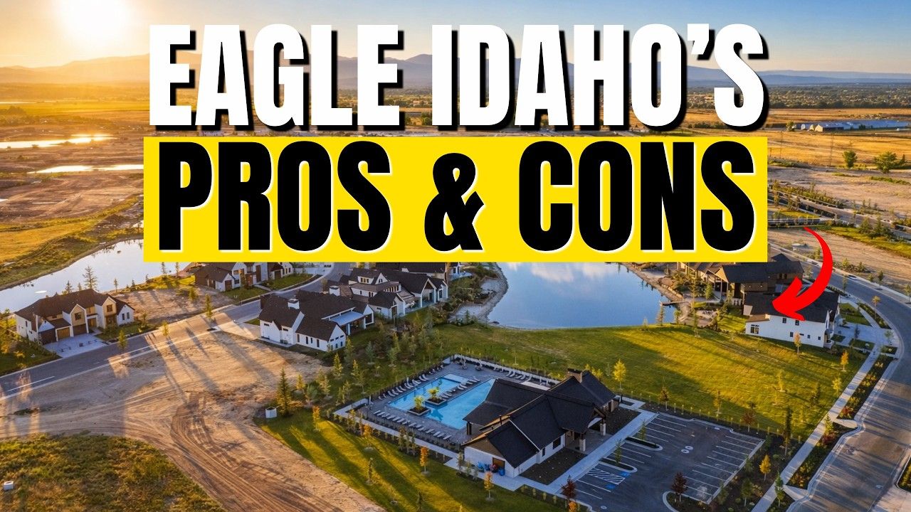 Aerial view of a riverfront town at sunset with bold text: “Eagle Idaho’s Pros & Cons.”