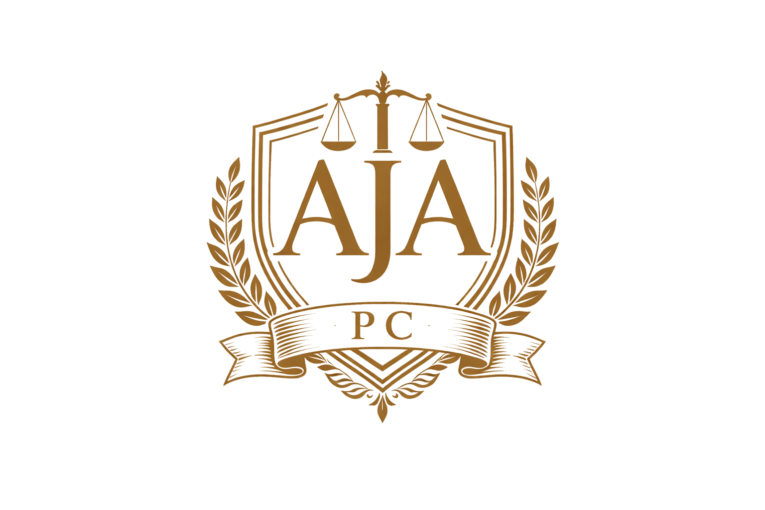 Gold-toned law firm logo. Shield with scales, 