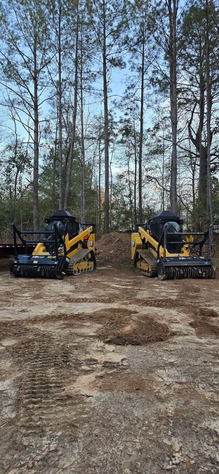 Two yellow skid steers on a dirt lot, tall trees in the background.
