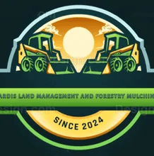 Logo for Jardis Land Management and Forestry Mulching with construction equipment, sun, and 
