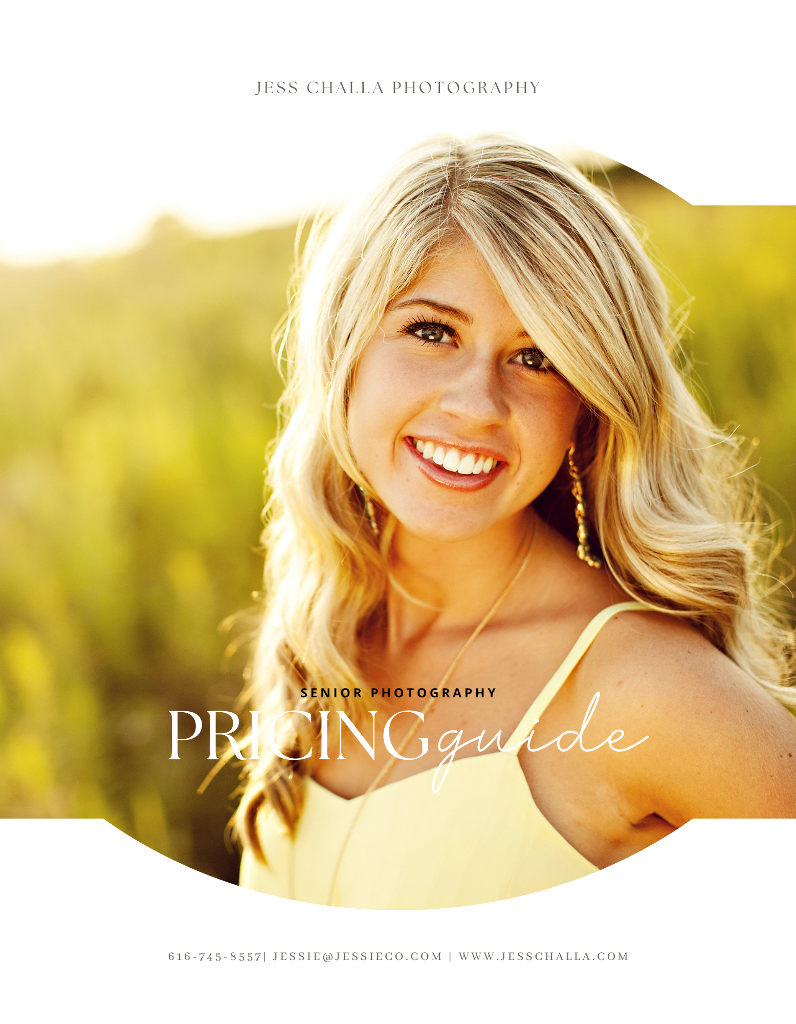 senior photography pricing guide cover. Yellow dress, gold jewelry, outdoor setting.