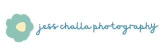 Logo for Jess Challa Photography featuring a light blue flower icon with a cream center next to handwritten blue text.