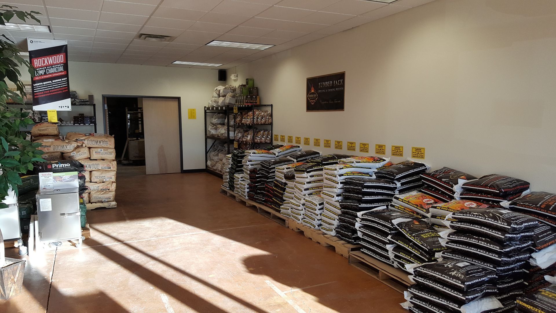 A large room filled with lots of bags of food.