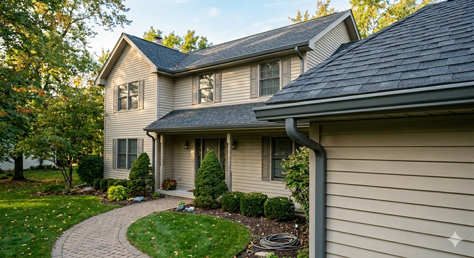 Two-story beige house with gray roof, curved stone walkway, and front porch surrounded by green lawn.