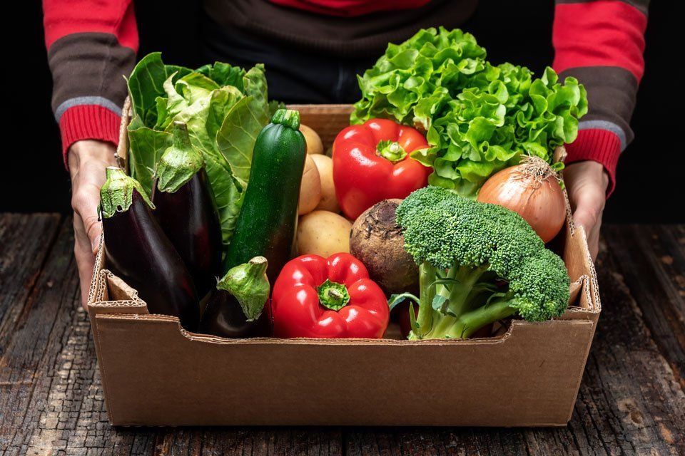 Bio-Obst und Gemüse online bestellen – Person bringt Kiste mit frischen Lebensmitteln