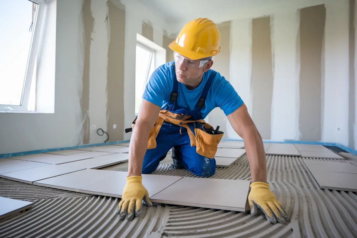 A construction worker is laying tiles on the floor in a room.