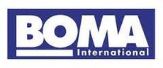 The logo for boma international is blue and white.