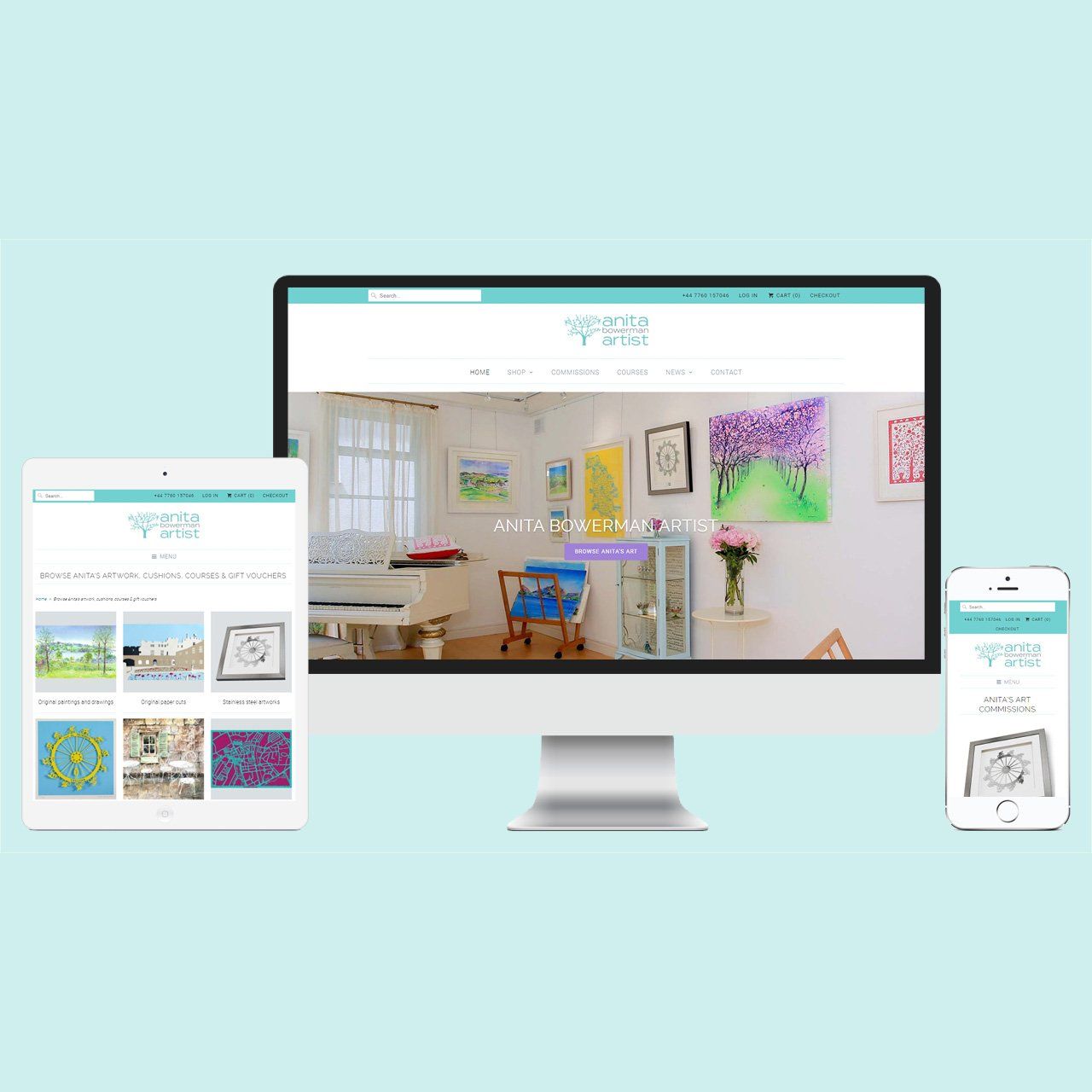 Anita Bowerman Artist ecommerce website design showing site on desktop, tablet and smartphone