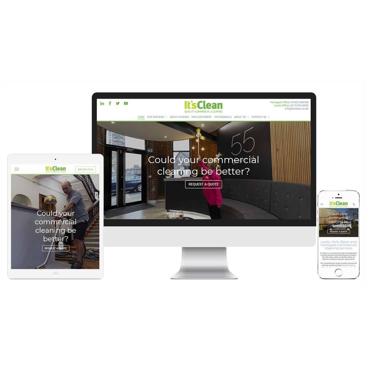 It's Clean website design showing site on desktop, tablet and smartphone