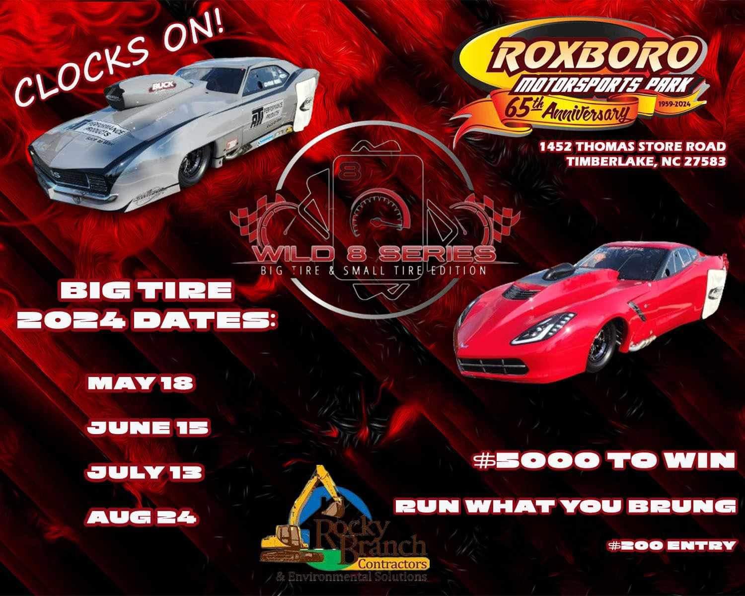 A Poster For Roxboro Hot Tires Park Shows Two Cars - Timberlake, NC - Roxboro Motorsports Park