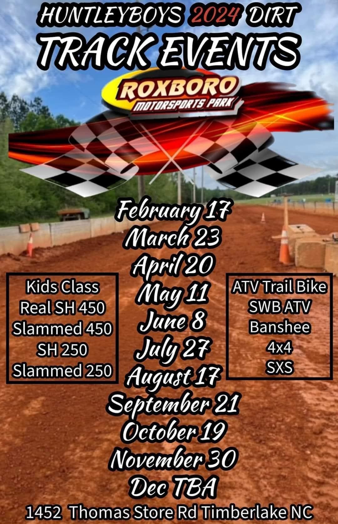 A Poster For The Huntley Boys Dirt Track Events - Timberlake, NC - Roxboro Motorsports Park