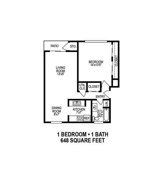 One-bedroom, one-bath apartment floor plan, 648 square feet, with living, dining, kitchen, bedroom, bath, patio, and entry.