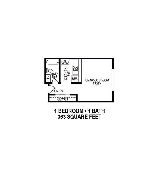 1-bedroom, 1-bath apartment floor plan with entry, kitchen, and living room; 363 square feet.