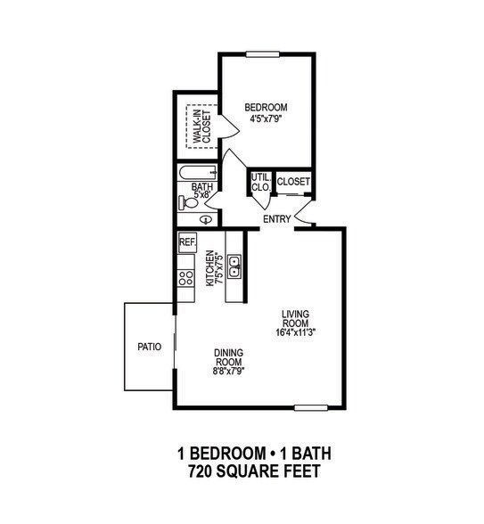 Black-and-white one-bedroom, one-bath apartment floor plan with patio, 720 square feet.