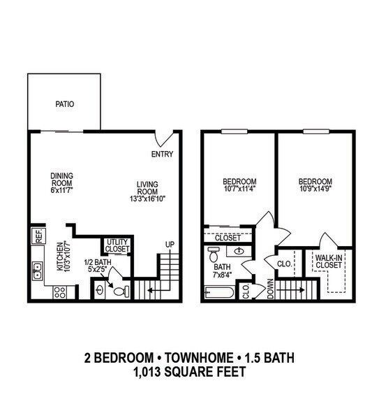 2-bedroom townhouse floor plan with living, dining, kitchen, 1.5 baths, patio, deck, and 1,013 sq ft