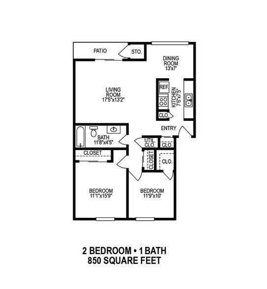 2-bedroom, 1-bath apartment floor plan, 850 square feet, with living room, kitchen, dining area, and balcony