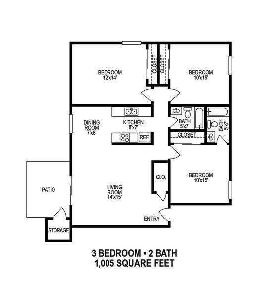 Three-bedroom, two-bath apartment floor plan with patio and storage, 1,005 square feet