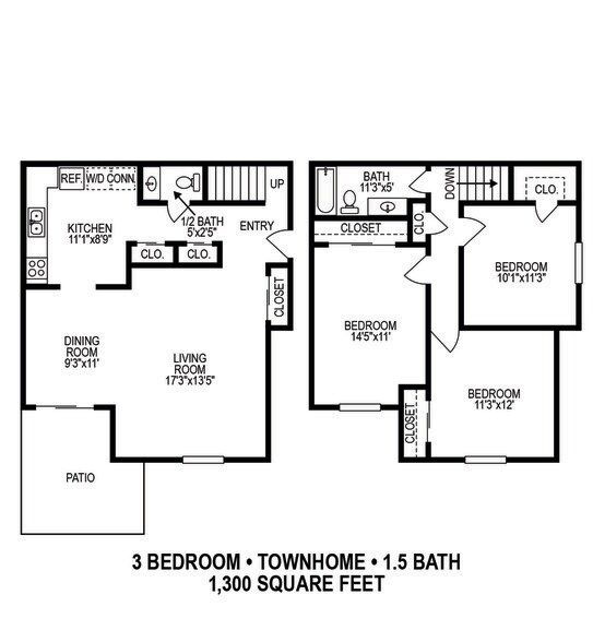 Black-and-white floor plan for a 3-bedroom, 1.5-bath townhouse, 1,300 sq ft