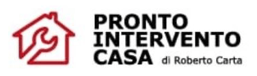 Red house outline with wrench; text logo “PRONTO INTERVENTO CASA di Roberto Carta”