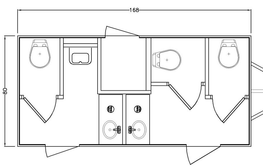 A black and white floor plan of a bathroom with two toilets and two sinks.