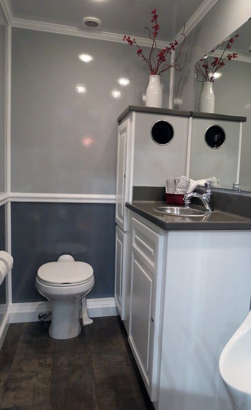 A bathroom with a toilet , sink and mirror.