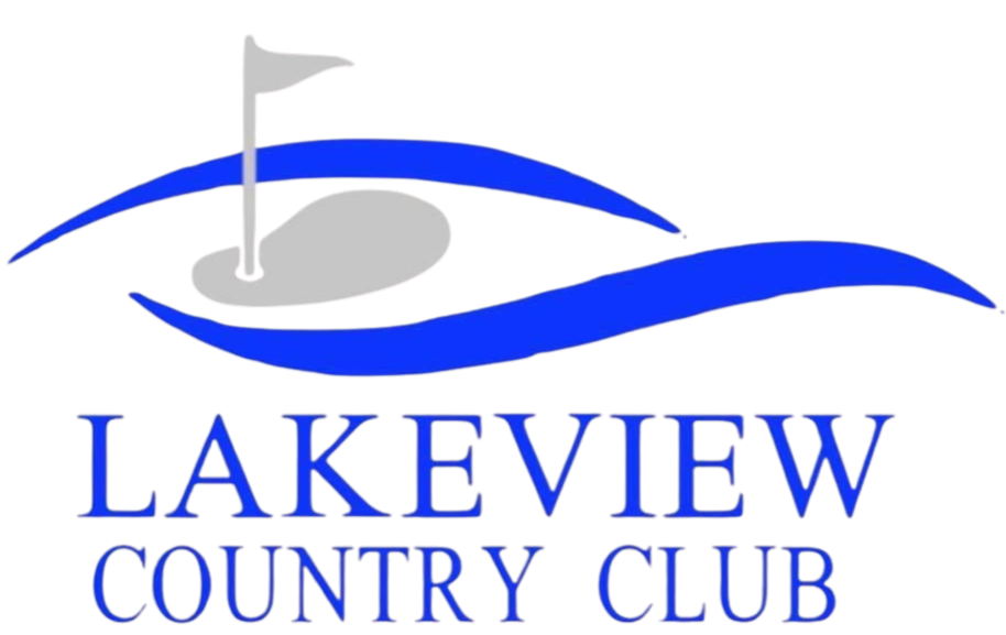 A logo for lakeview country club with a golf course in the background