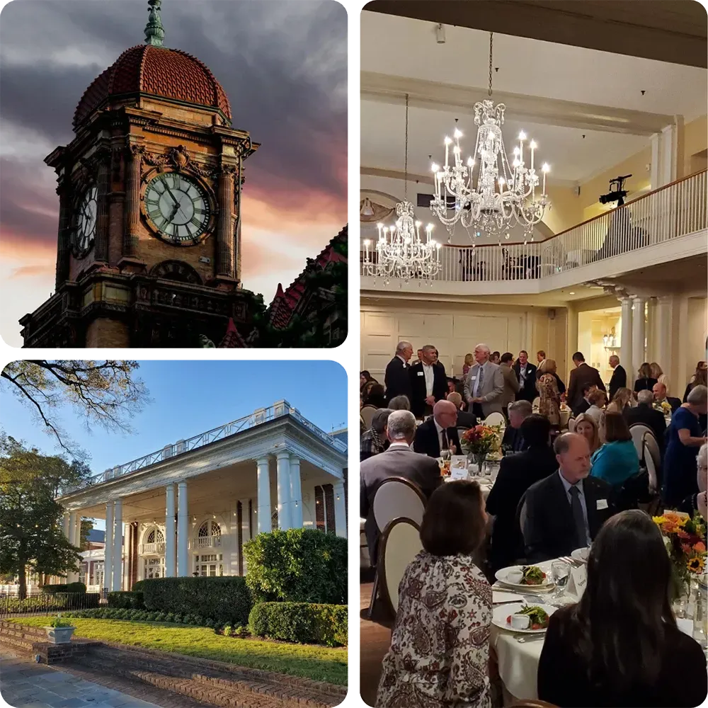Scenes from the Richmond Christian Foundation Annual Gala, including the venue, historic Richmond landmarks, and guests gathered for dinner