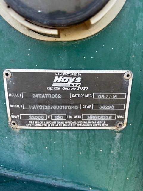 Metal plate on a green surface, with text indicating the manufacturer is Hays LTD, Model 24TATRO32, and Date of MFG 03/2012.