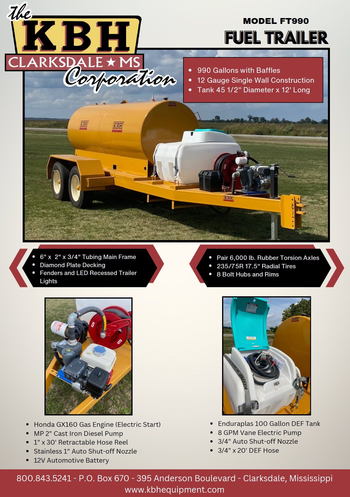 A flyer for a fuel trailer from the kbh clarksdale ms corporation.