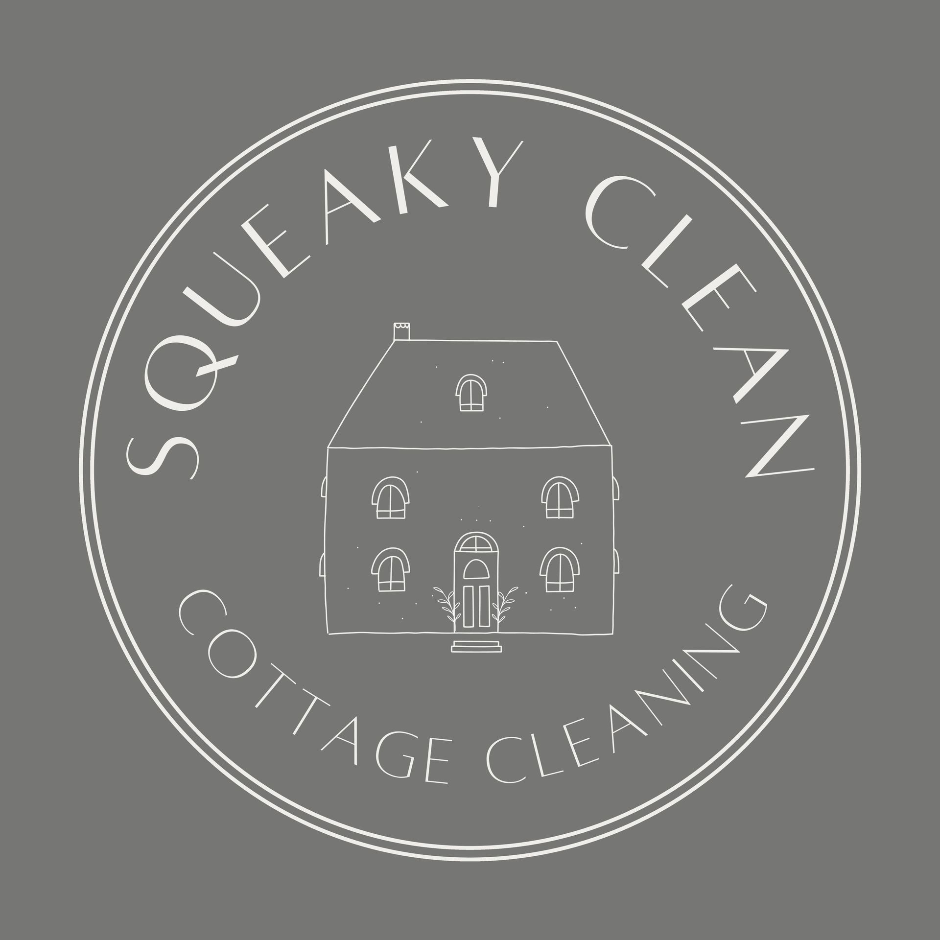 A logo for squeaky clean cottage cleaning with a house in the center