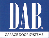 DAB Garage Door Systems logo in white on a blue background