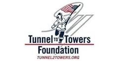 Tunnel to Towers Foundation logo with a firefighter carrying a flag under an arch of stars and stripes.