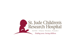 St. Jude Children’s Research Hospital logo with maroon child silhouette and tagline on white background