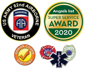 Circular service badges: US Army 82nd Airborne veteran, Angie’s List Super Service Award 2020, senior discount, fire dept.