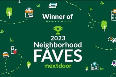Green Nextdoor award graphic reading “Winner of 2023 Neighborhood FAVES” with small icons around it