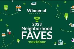 Green Nextdoor award graphic reading “Winner of 2023 Neighborhood FAVES” with small icons around it
