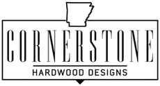Cornerstone Hardwood Designs logo with text and Arkansas outline.