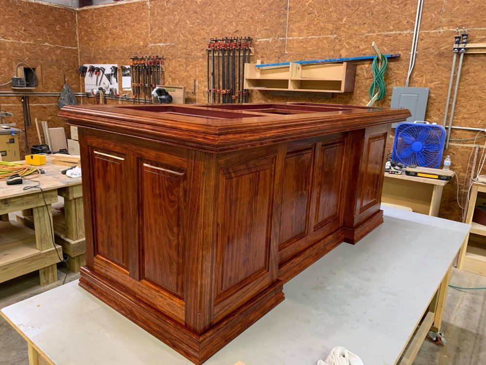 Finished mahogany bar in a workshop.