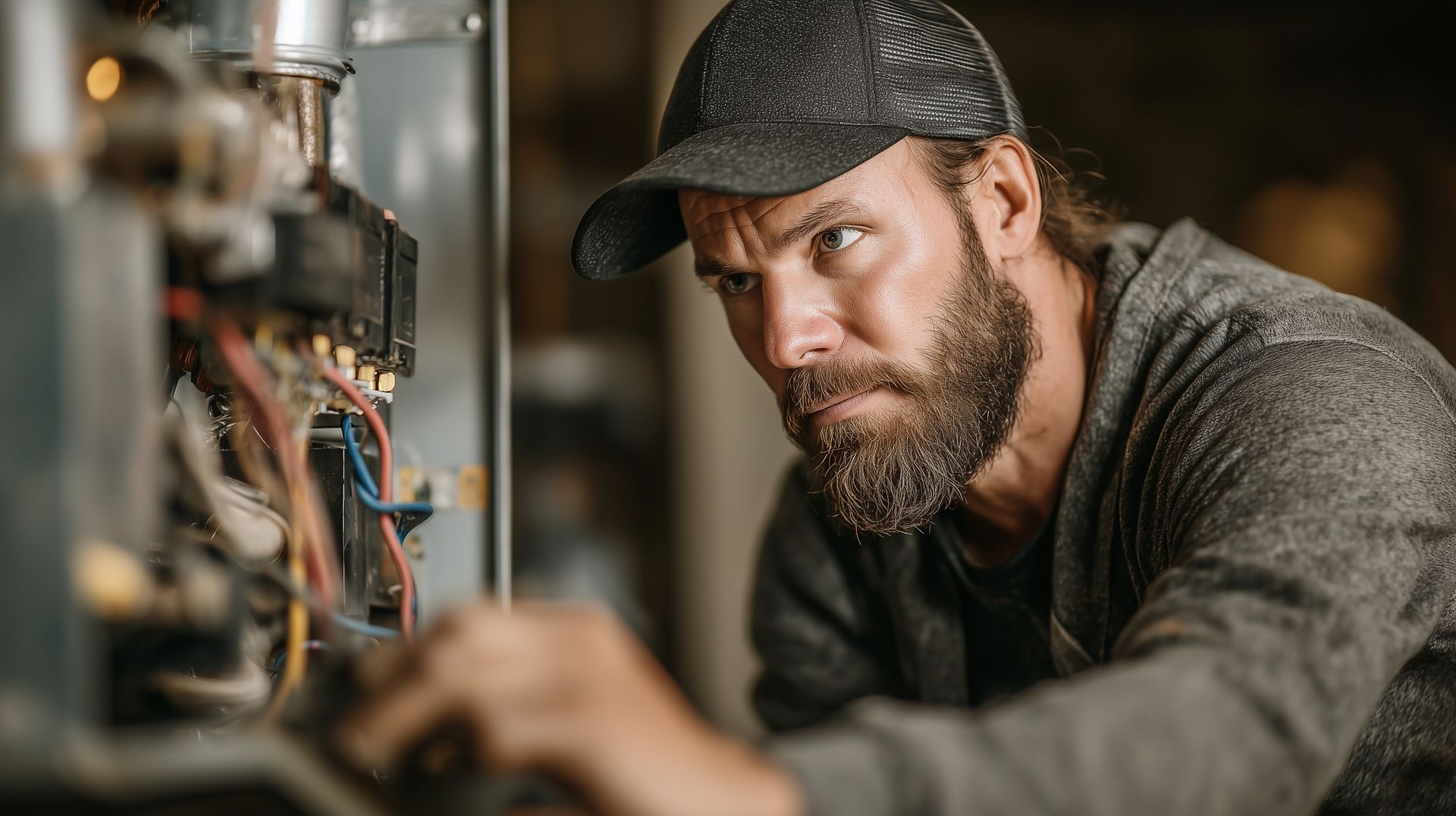 Technician testing a gas appliance valve manifold with a probe under a countertop sink
