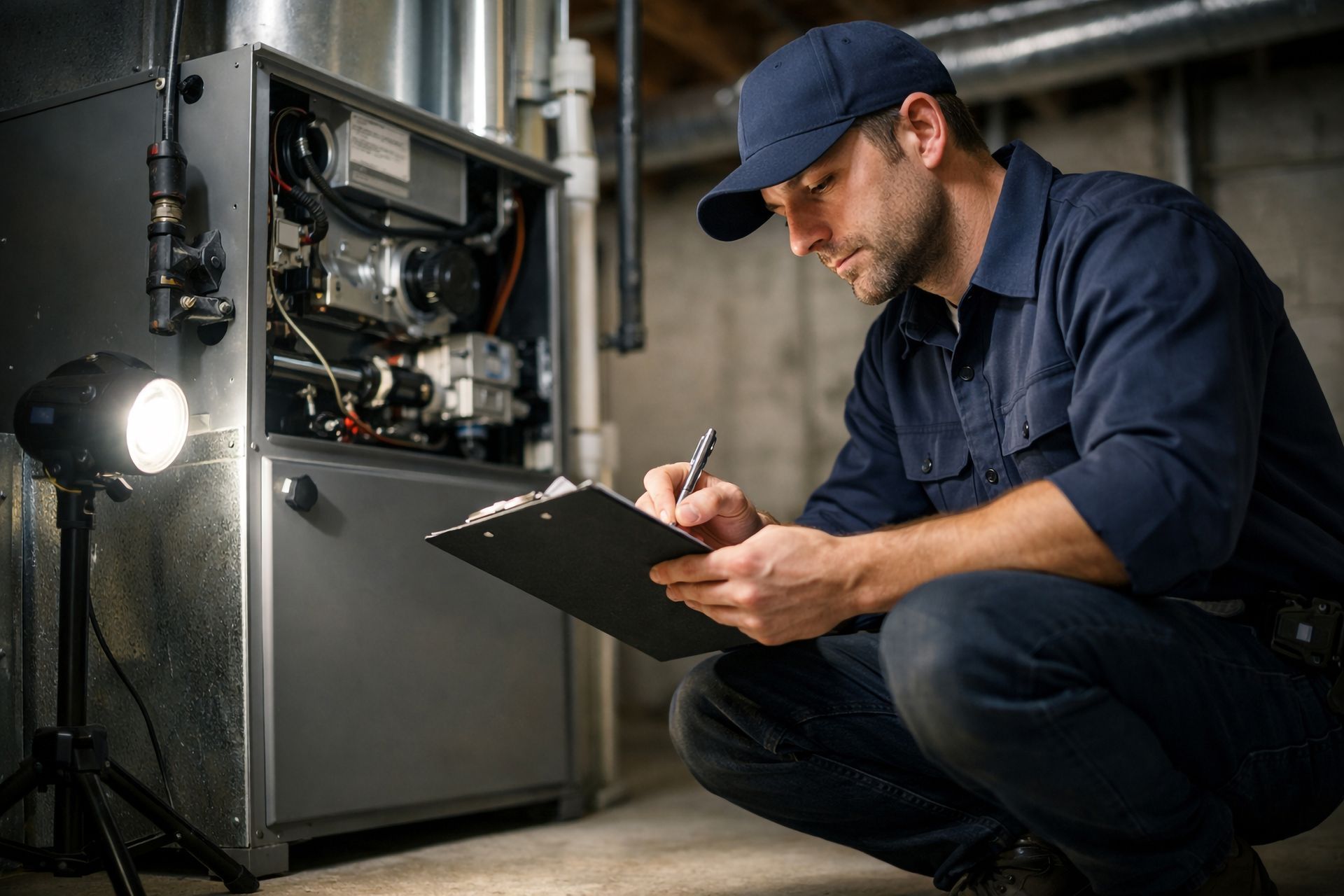 Technician inspecting a boiler with a clipboard beside red and blue pipes in a utility room