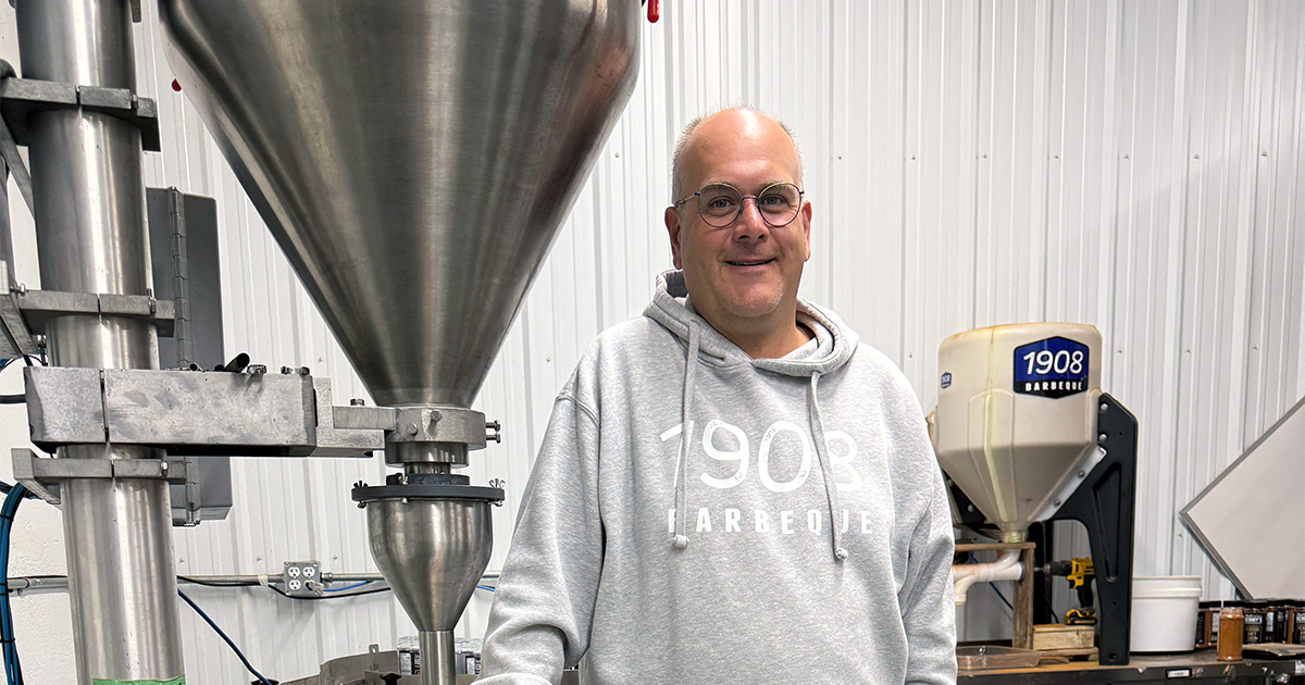 Marty Yurchak, owner of 1908 Barbecue, in the bottling facility in Wainwright.