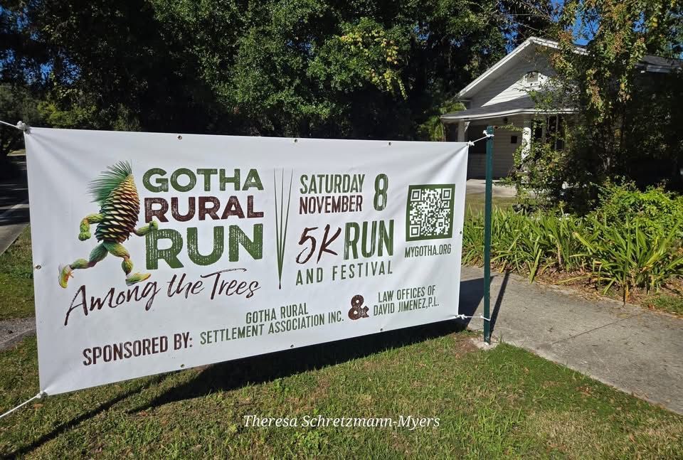 Banner for Gotha Rural Run Among the Trees, promoting a 5K run and festival on Saturday, November 8th.