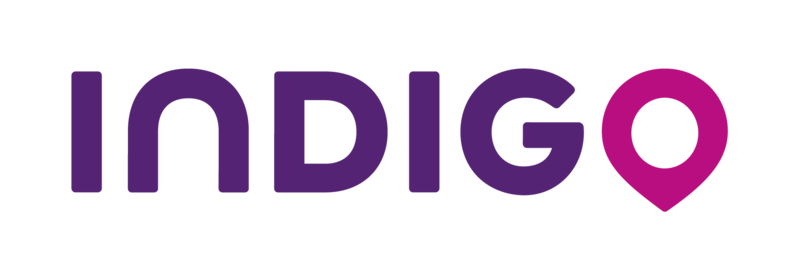 Logotipo da Indigo com texto roxo e um ícone de alfinete de localização rosa.