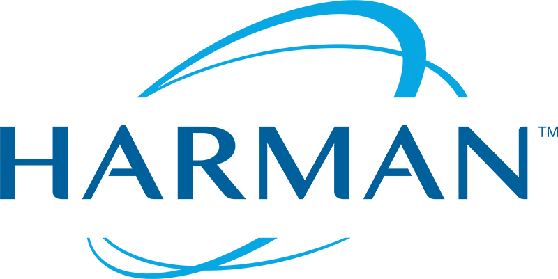 Logotipo da HARMAN em azul, com linhas curvas acima e abaixo da palavra.