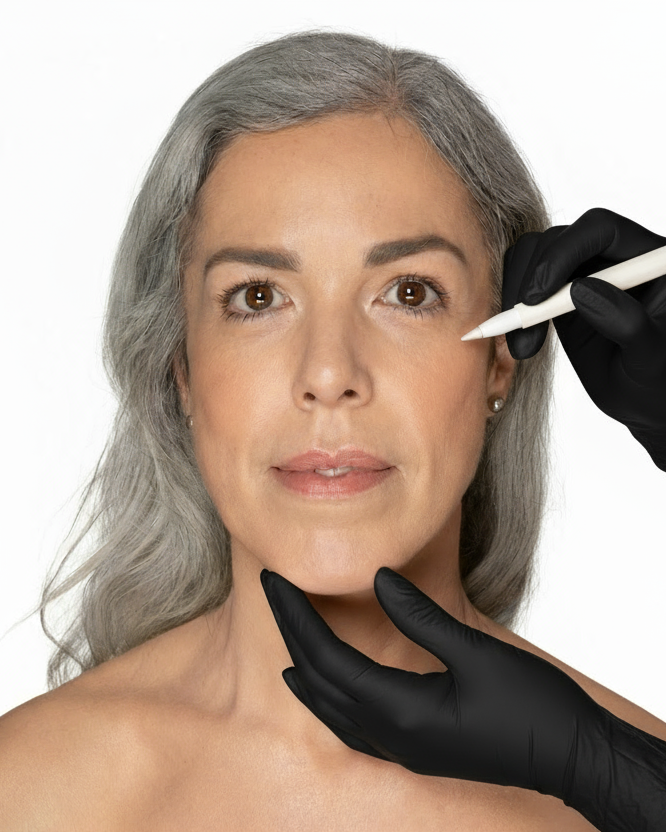 Woman with grey hair has face marked for cosmetic procedure. Hands in black gloves.