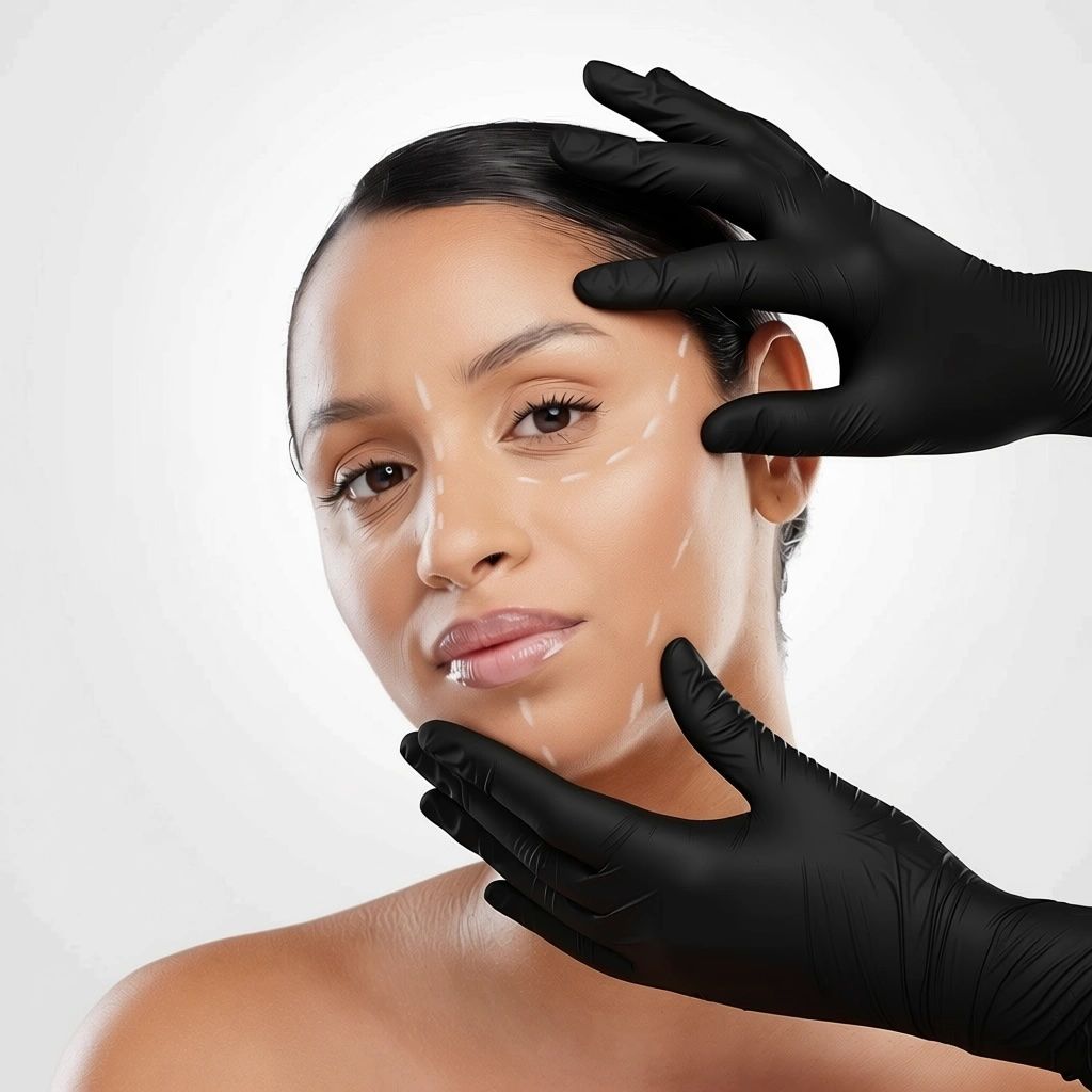 Woman with facial markings; gloved hands touching face.