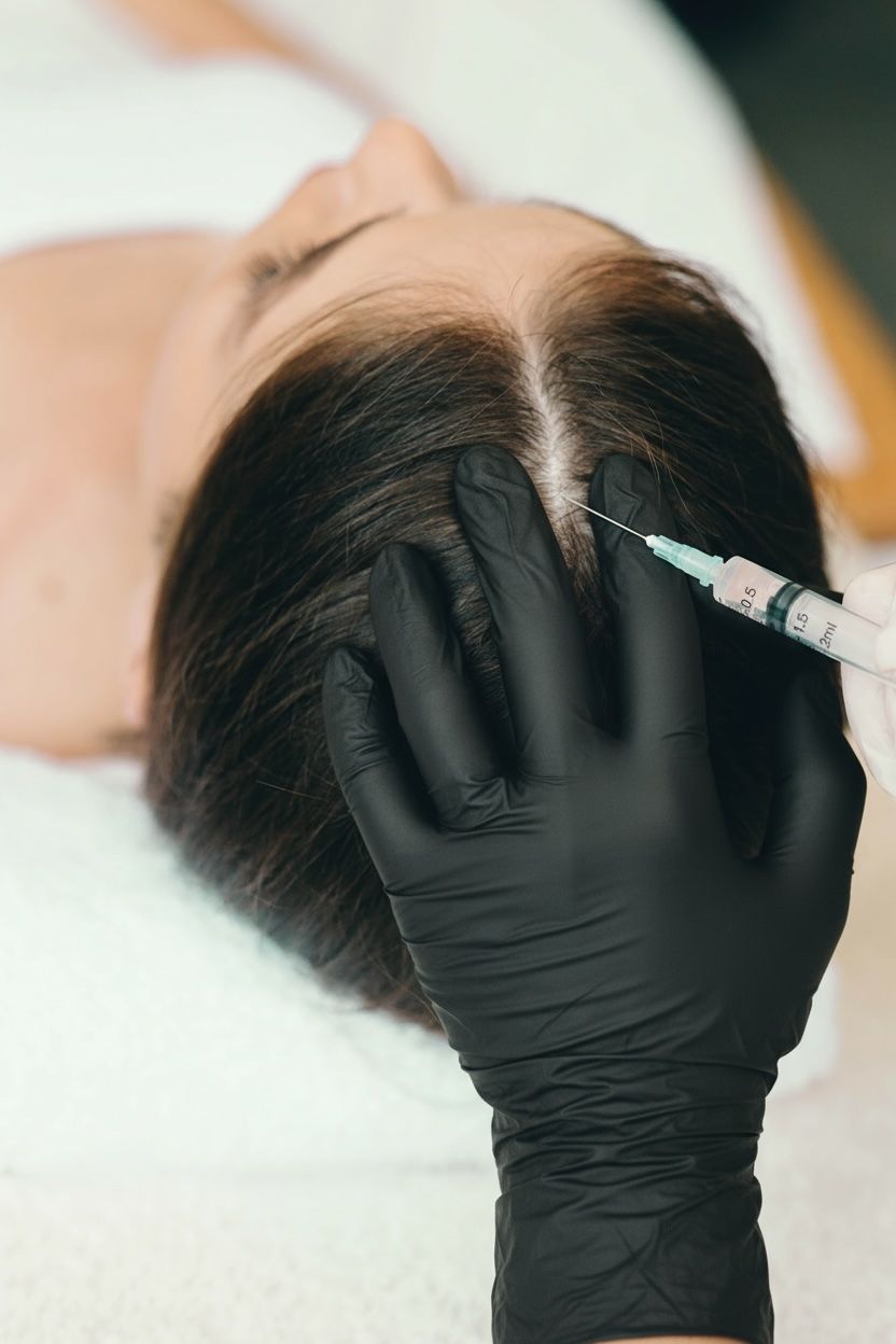 Person receiving scalp injection; hand in black glove holds syringe, focused on hair.